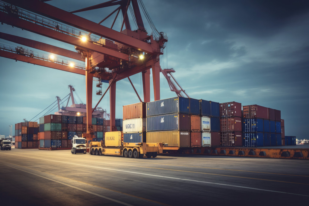 Transporte logístico de contentores, navio de carga, avião de carga com guindaste de trabalho, ponte, estaleiro, nascer do sol, logística, importação, exportação, transporte, indústria, fundo, IA generativa.